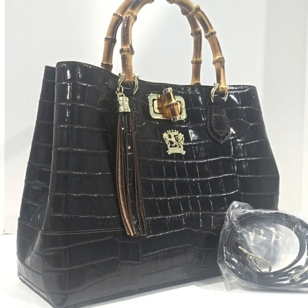 NWT ✅ Pratesi Firenze Italian K291 Triple Compartment Croc Leather Bag BROWN